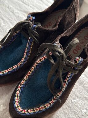 80%20 Brown Suede Wedge Moccasins with Teal Insole and Multicolor Braid